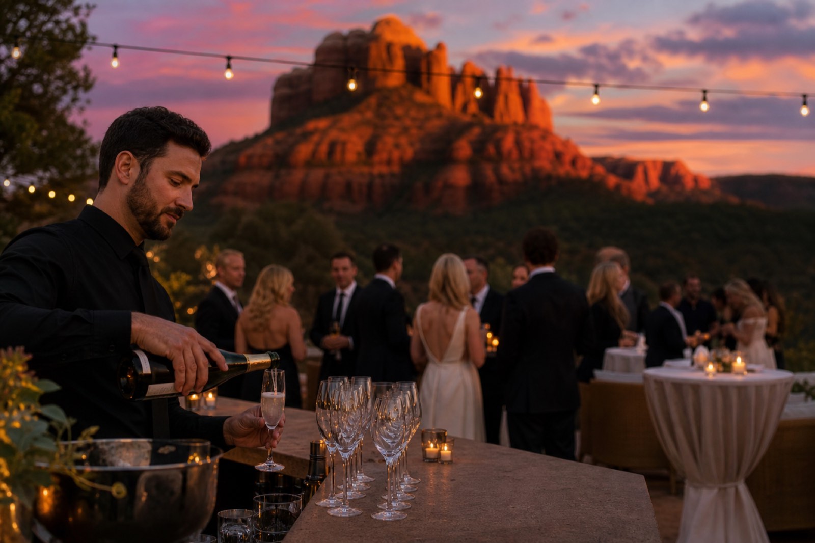 Wedding bartender pouring champagne at a Sedona reception with red rocks behind