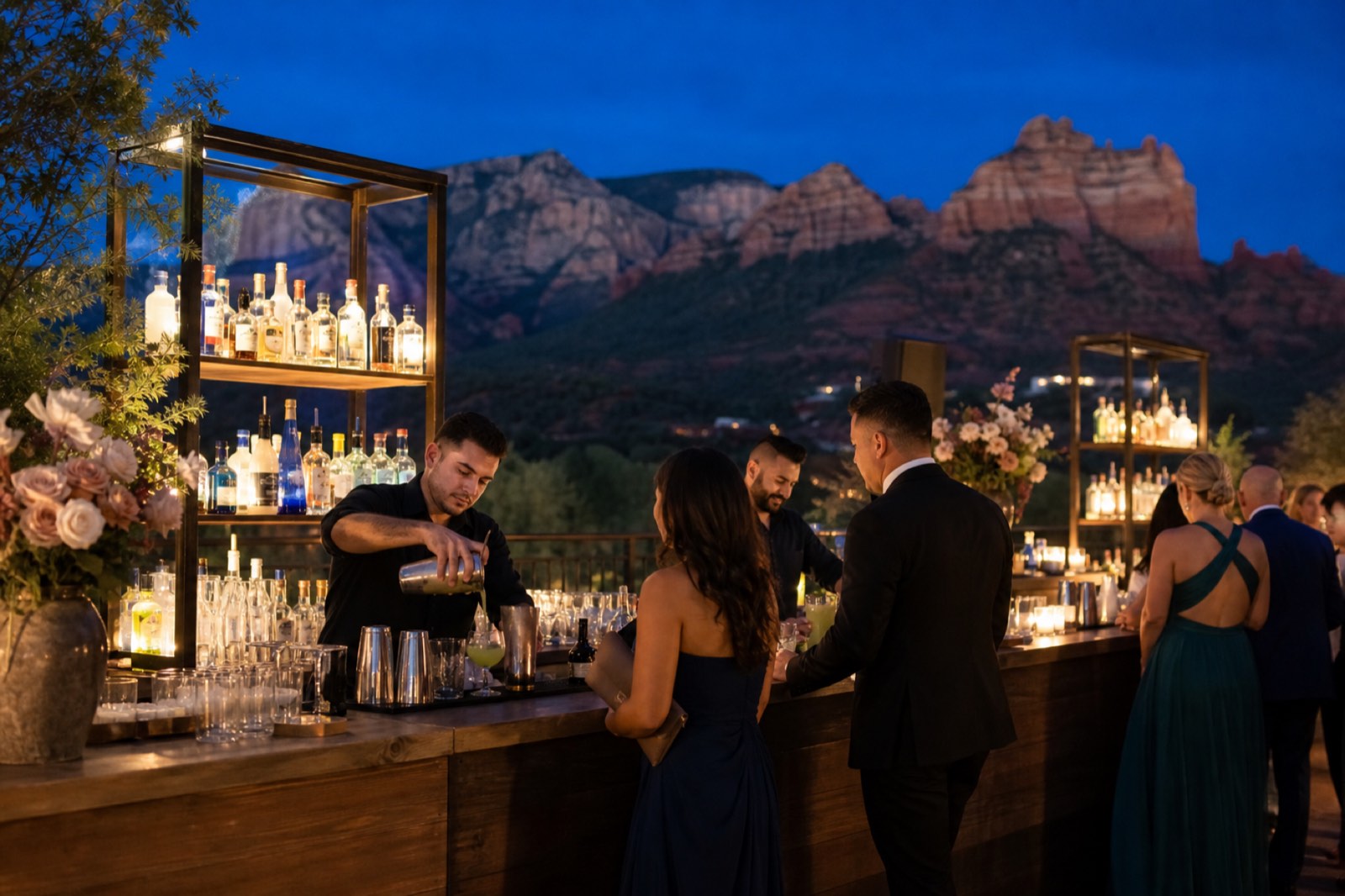 Sedona wedding bartenders serving a reception bar
