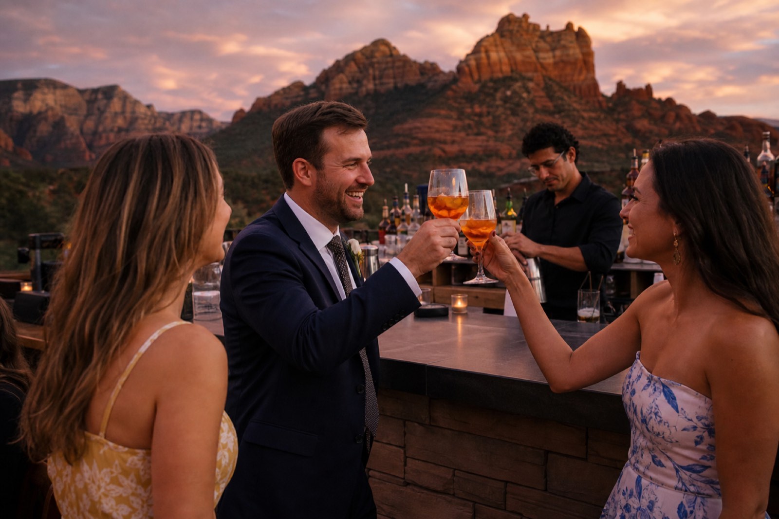 Wedding guests toasting at a Sedona reception bar